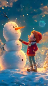 Child in red sweater admiring three-tier snowman at dusk