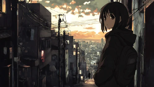 Solitary girl overlooking dusk city from narrow hill street.