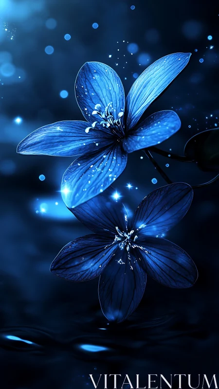 Luminescent Blue Flowers Against Dark Background with Sparkles