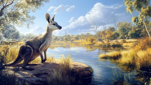 Young kangaroo rests by a golden river under soft daylight