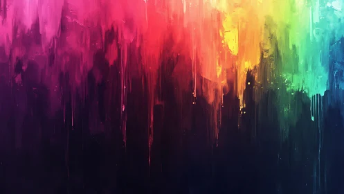 Radiant rainbow paint drips cascade over a dark canvas