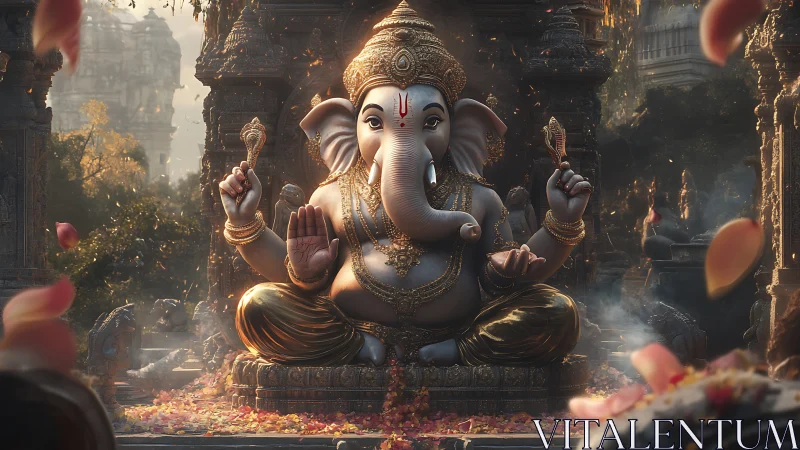 Golden dawn around serene elephant deity in stone sanctuary.