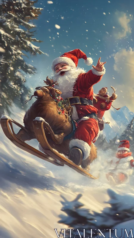 Santa Claus rides a reindeer sled down a snowy slope