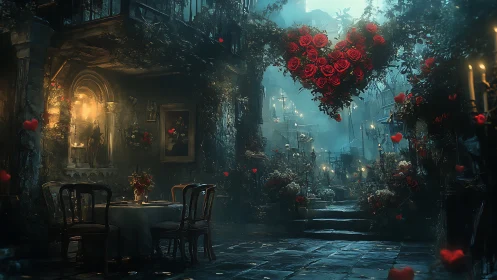 Gothic Courtyard Dining Room Draped in Crimson Roses.