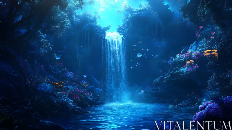 Enchanted blue waterfall glows in a luminous fantasy grotto.