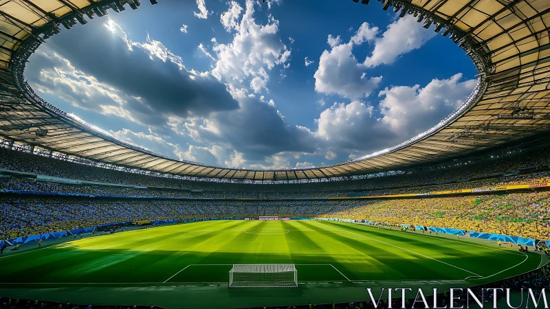 Panoramic football stadium under dramatic sky, wide-angle study.