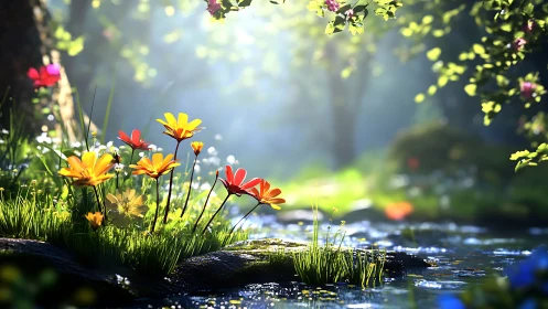 Wildflowers bloom by peaceful stream in sunlit forest.