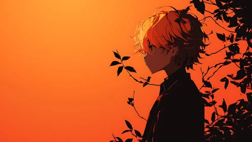 Sunset-tinted silhouette listens quietly to the climbing ivy