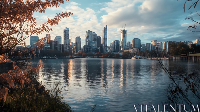 Photorealistic riverfront skyline with autumnal foreground framing.