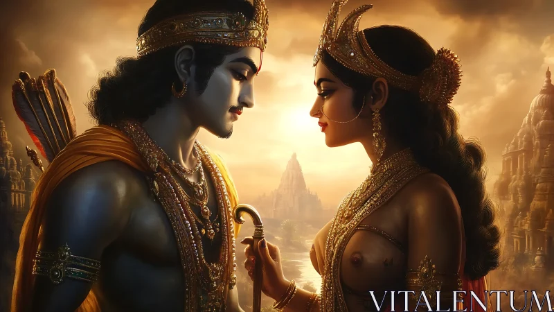 Divine royal couple share a tender gaze at sunset.