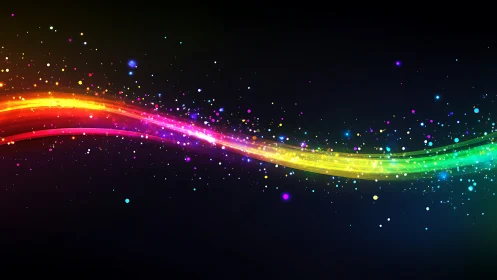 Luminous rainbow light trail with dynamic particle sparks.