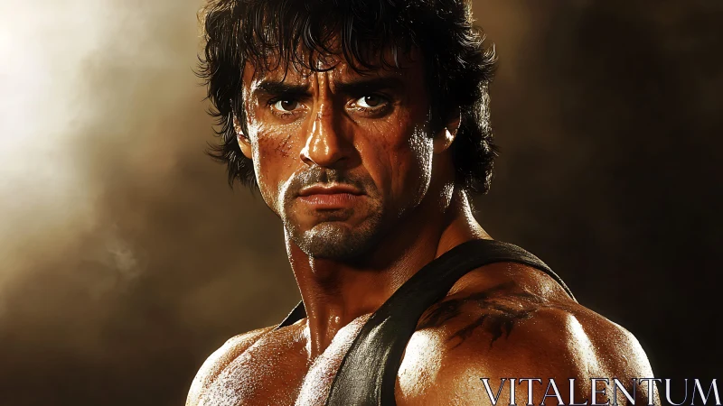 Intense muscular warrior portrait with dramatic lighting.