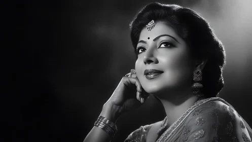 Graceful woman in sari glowing in soft silver light.