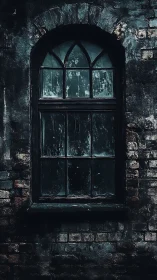 Aged arched window set in weathered brick fa&ccedil;ade under low light