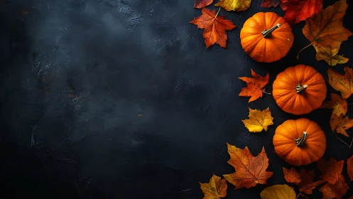 Cozy little pumpkins and autumn leaves on dark stone background.