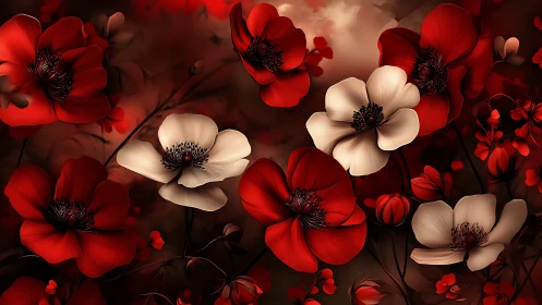 Crimson Blooms Meet Bone Petals in Twilight's Embrace.