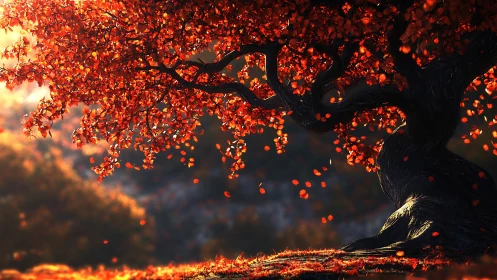 Radiant autumn canopy with dynamic backlit leaf dispersion.