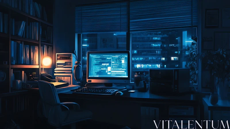 Midnight coder’s neon harbor in a quietly humming study.