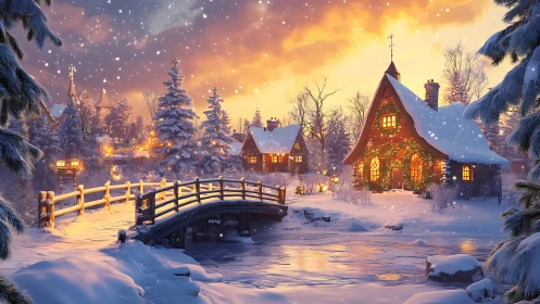 Digital painting of festive winter cottage and arched bridge.