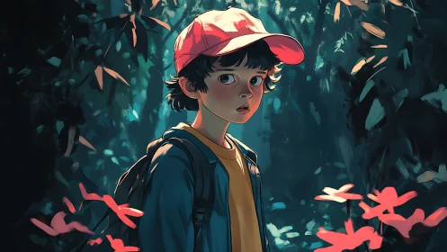 Curious child pauses in a glowing forest alive with color