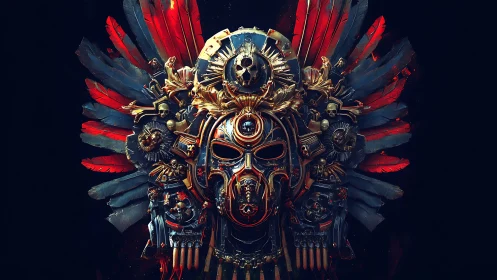 War god engine-mask crowned in burning crimson wings.