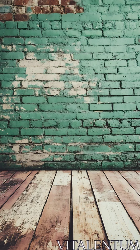 Weathered turquoise brick wall with worn wooden floorboards.