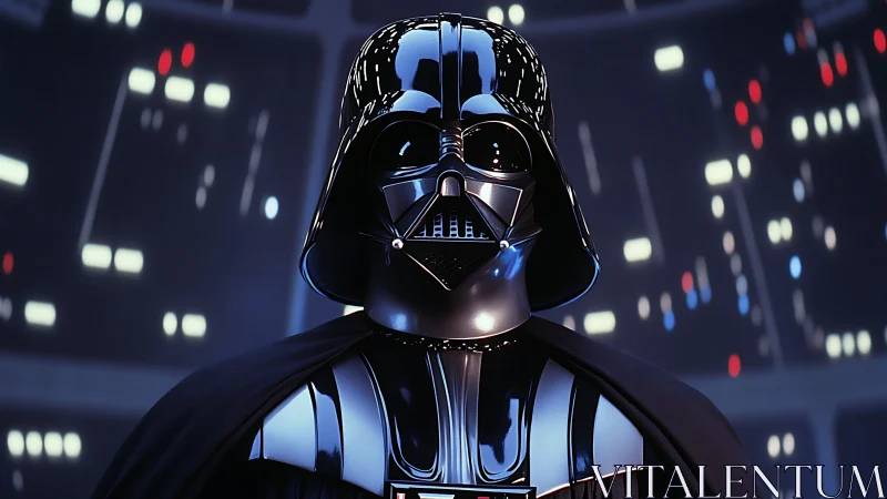 Helmeted dark lord amid humming neon starship glow.