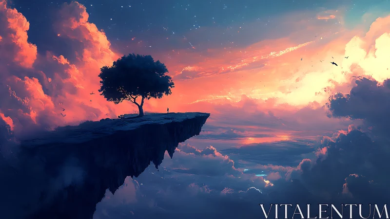 Sunset daydream on a floating cliff beneath soft stars.