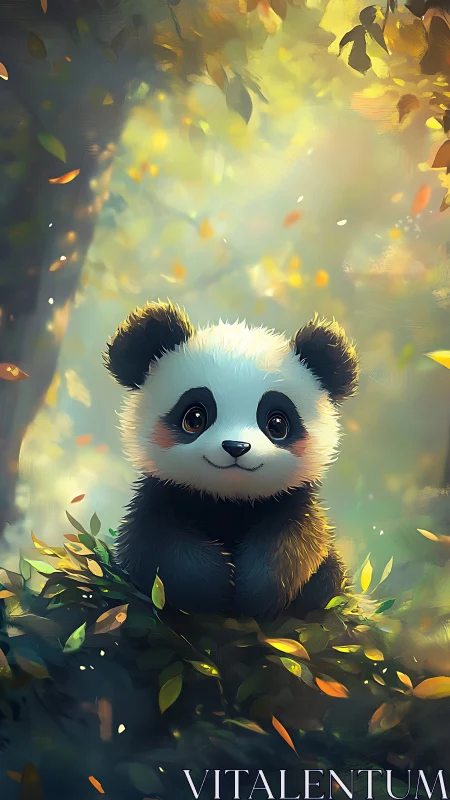 Forest dawn panda daydreams beneath drifting leaves.