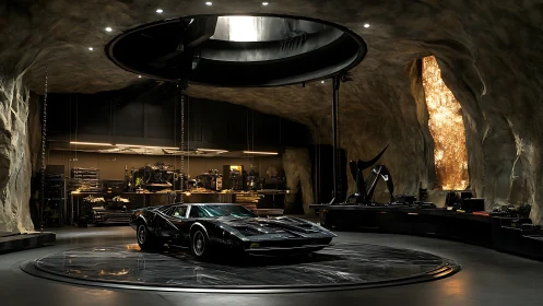Black sports car in subterranean cave workshop interior.