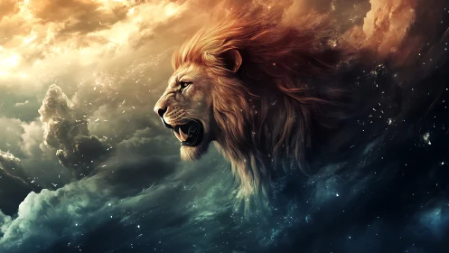 Lion head emerging within abstract cloud and space field.