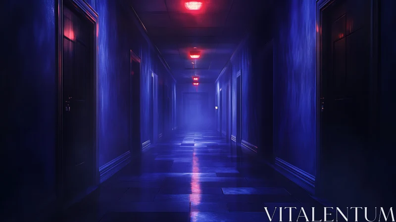 Dim blue corridor with red emergency ceiling lights.