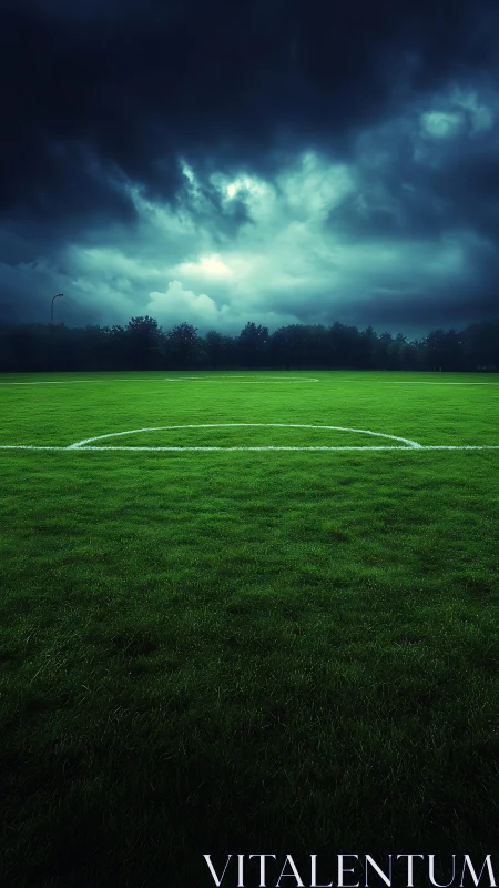 Storm-brewed soccer circle under brooding twilight sky.