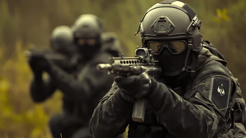 Tactical soldiers advance with rifles in outdoor formation