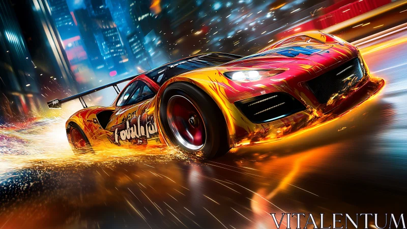 Midnight street racer blazing through neon city lights.