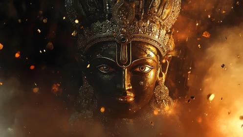 Radiant golden deity face glowing in swirling embers.