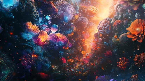 Luminescent cosmic garden glows through swirling nebula bloom.