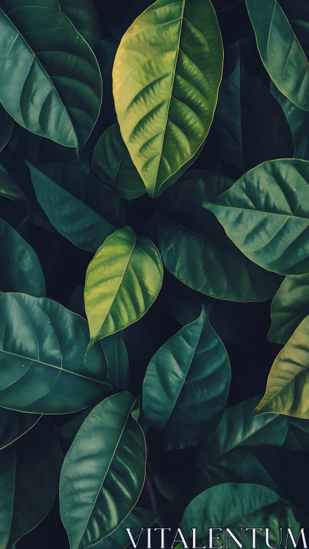 Overlapping tropical leaves in varied green tonal contrast.