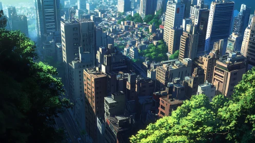 Dense midrise anime cityscape with layered foliage and volumetric light