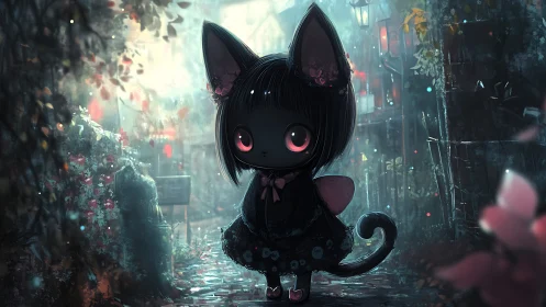 Gothic chibi cat girl in glowing lantern alley at night.