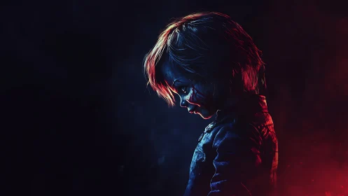Side-lit scarred child rendered in high-contrast neon hues