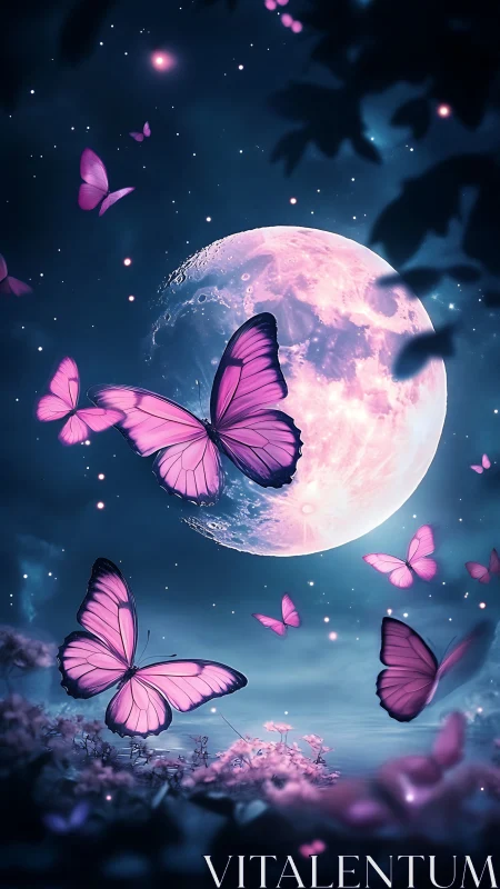 Violet butterflies drift across a glowing moonlit dream sky