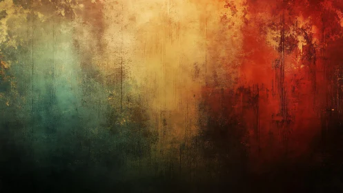 Grunge Abstract Texture with Warm Red, Gold, and Teal Tones.
