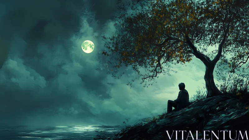 Solitary figure observes full moon above coastal landscape