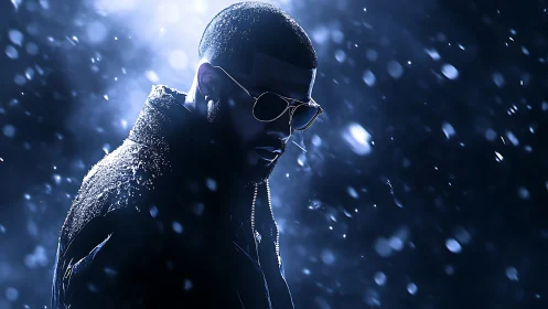 Backlit male portrait in snowfall uses cinematic blue lighting