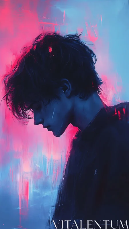 Profile view of young male figure in neon backlighting