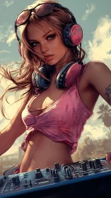Digital painting of a confident sunset DJ in dynamic portrait framing.
