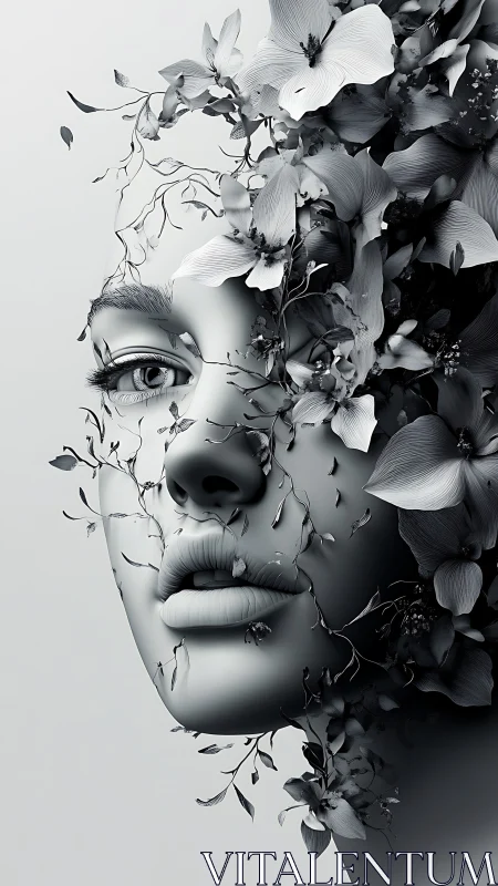 Monochrome female portrait merged with delicate flowers.