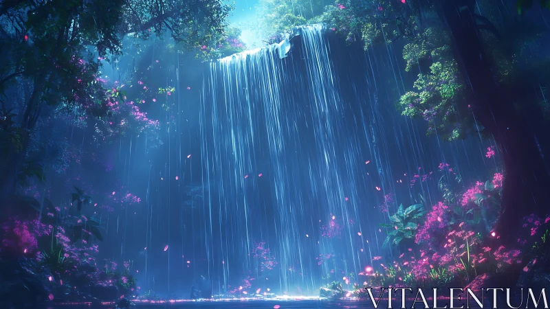 Enchanted forest waterfall glows gently in soft neon light