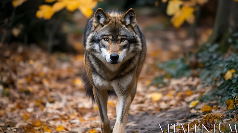 Solitary wolf advancing along a soft-focus autumn trail.